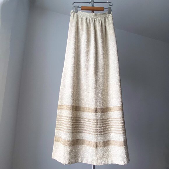 🍂 70s Vintage Cream & Tan A-Line Knitted Maxi Wool Skirt with Beige Horizontal - Picture 4 of 6